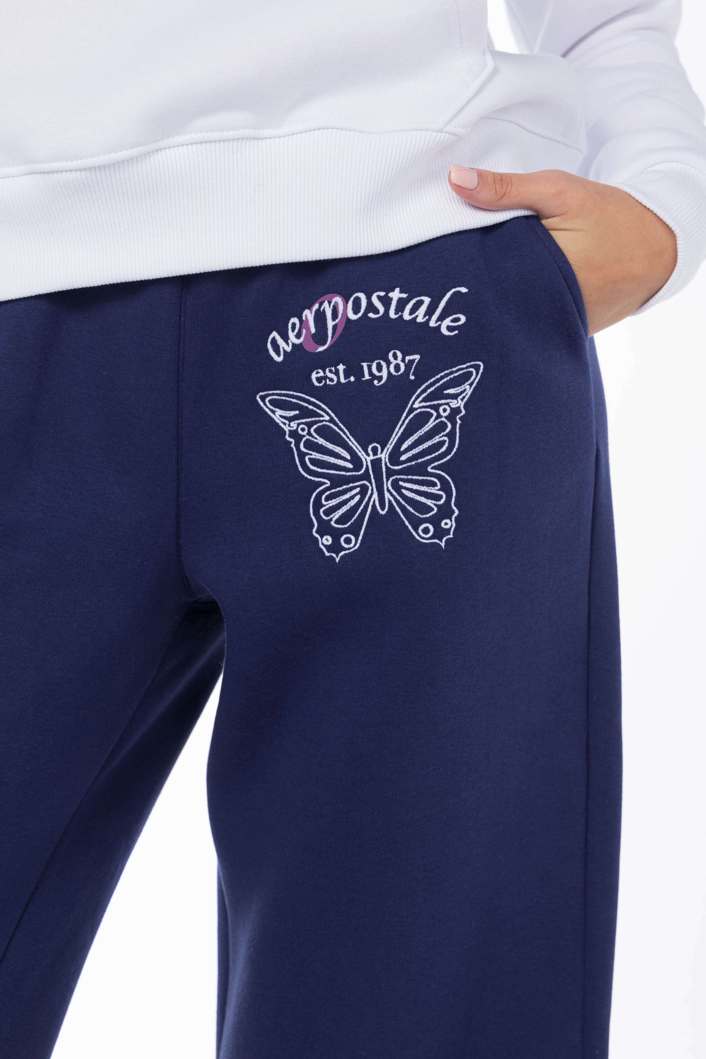 AEROPOSTALE EST. 1987 BUTTERFLY EMBROIDERED STRAIGHT SWEATPANTS-VELVET MORNING