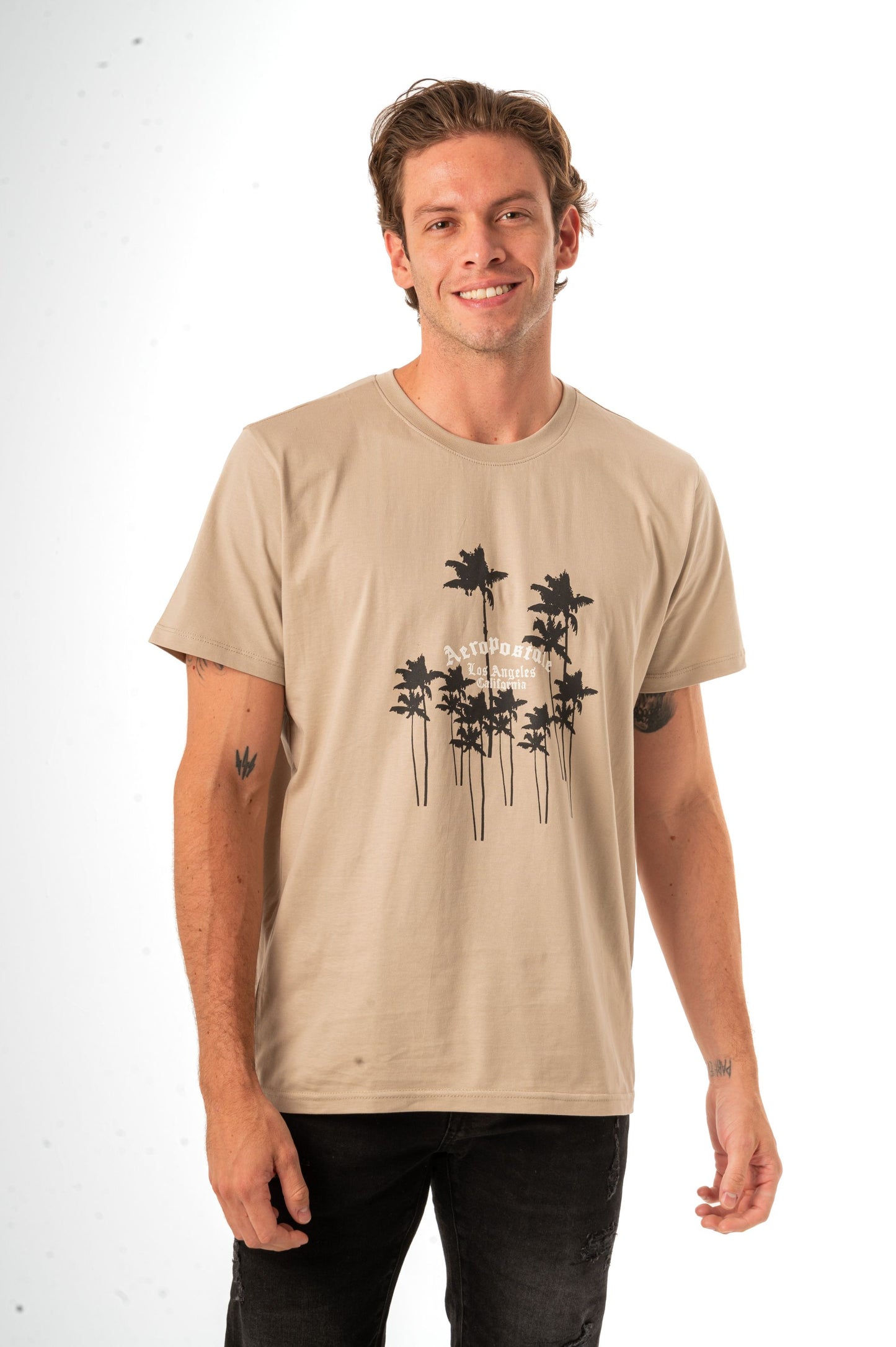 AEROPOSTALE GOTHIC PALMS PRINT GRAPHIC TEE-BEIGE