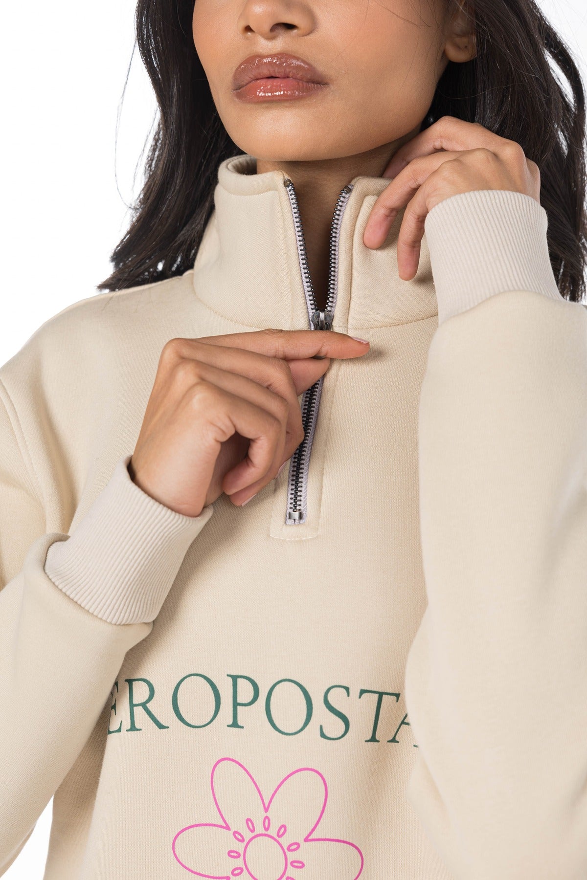 AEROPOSATALE ORIGINAL BRAND QUARTER ZIP SWEATSHIRT-BEIGE