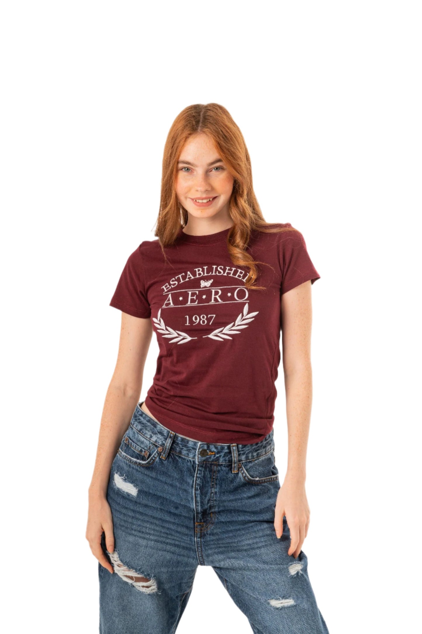 AERO BUTTERFLY CIRCLE EMB. GRAPHIC TEE-DARK RED