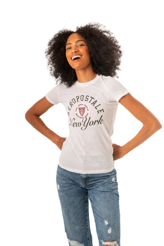 AEROPOSTALE BOROUGHS CREST TWILL APPLIQUÃ‰ GRAPHIC TEE-WHITE